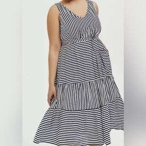 Torrid Dress Women 2X Navy & White Stripe Challis Self Tie Tiered Midi 18-20